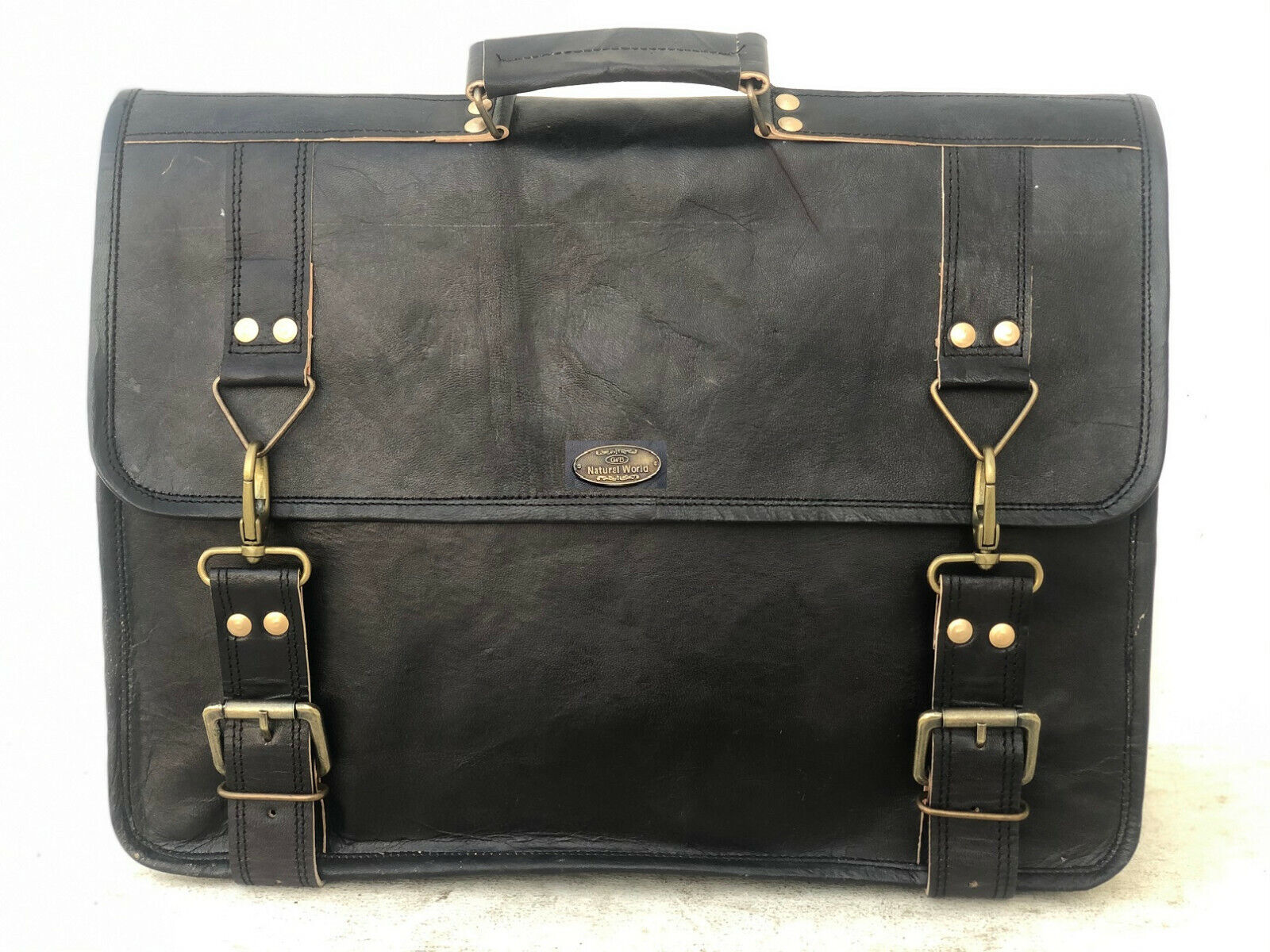 18" Black Leather Messenger Men Shoulder Laptop Satchel Briefcase Vintage Bag 24Hr Smart